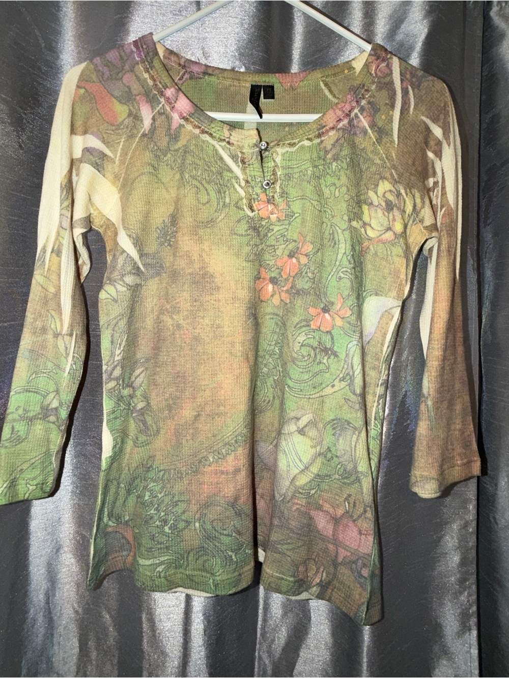 Susan Lawrence Olive Green Floral Henley Long Sleeve Top